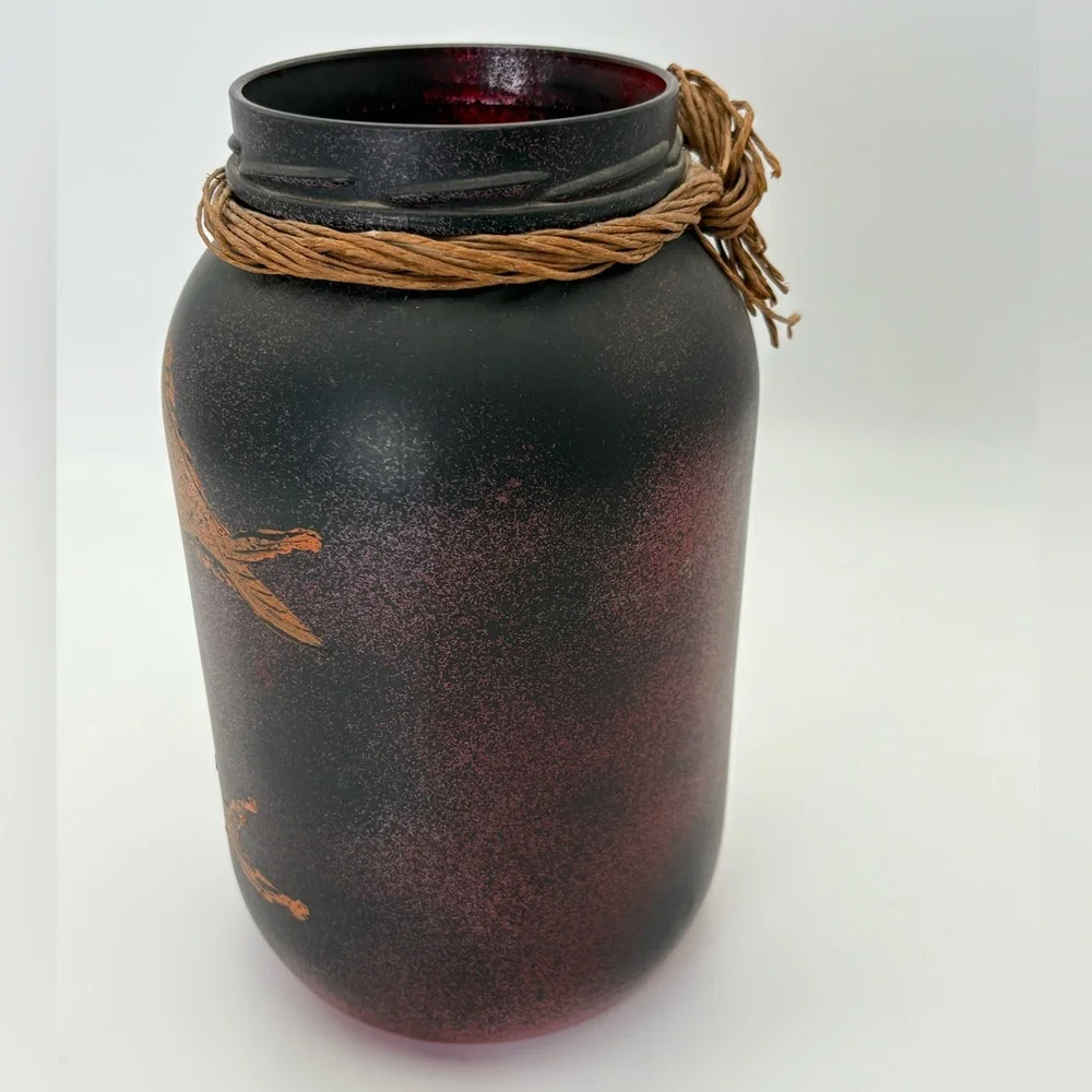 Decorative Black and Red Textured Jar/Vase with Orange Fish Design